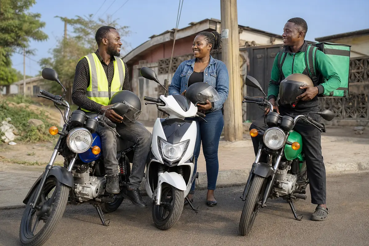 An okada rider, a young woman with a scooter and a delivery rider laughing together beside their motorcycles
