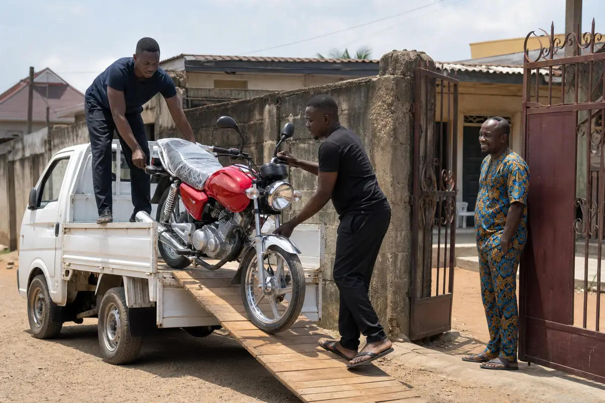 Two delivery men rolling a new motorcycle down a ramp from a pickup truck at a customer's gate
