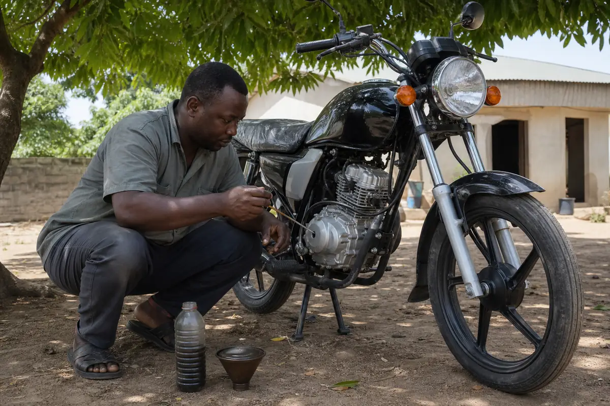 A rider checking the engine oil of his motorcycle under a mango tree
