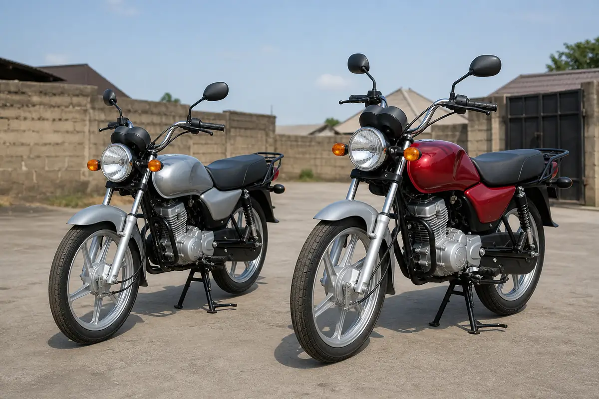 A 125cc and a 150cc commuter motorcycle parked side by side