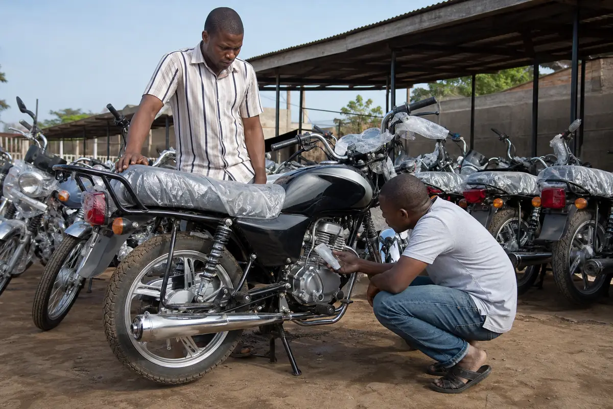 A buyer checking the engine and frame of a new motorcycle with his phone torch