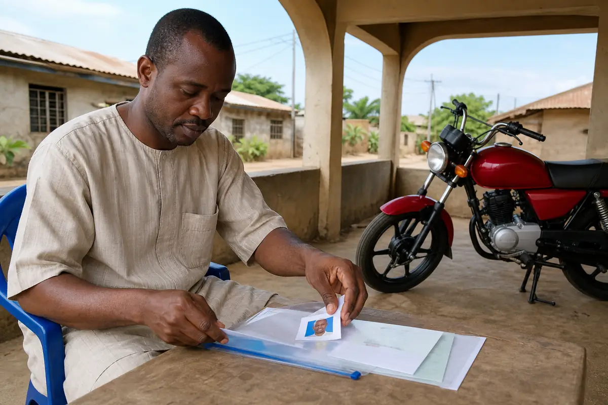 A man sorting documents into a folder, his new motorcycle in the background