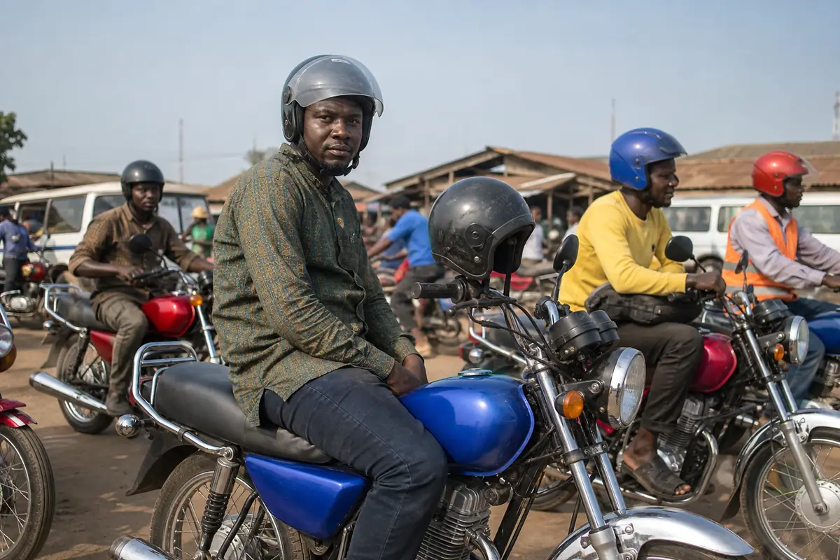 An okada rider waiting for passengers at a motor park