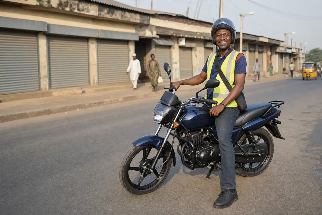 A smiling okada rider sitting on his new navy-blue motorcycle on a quiet morning street