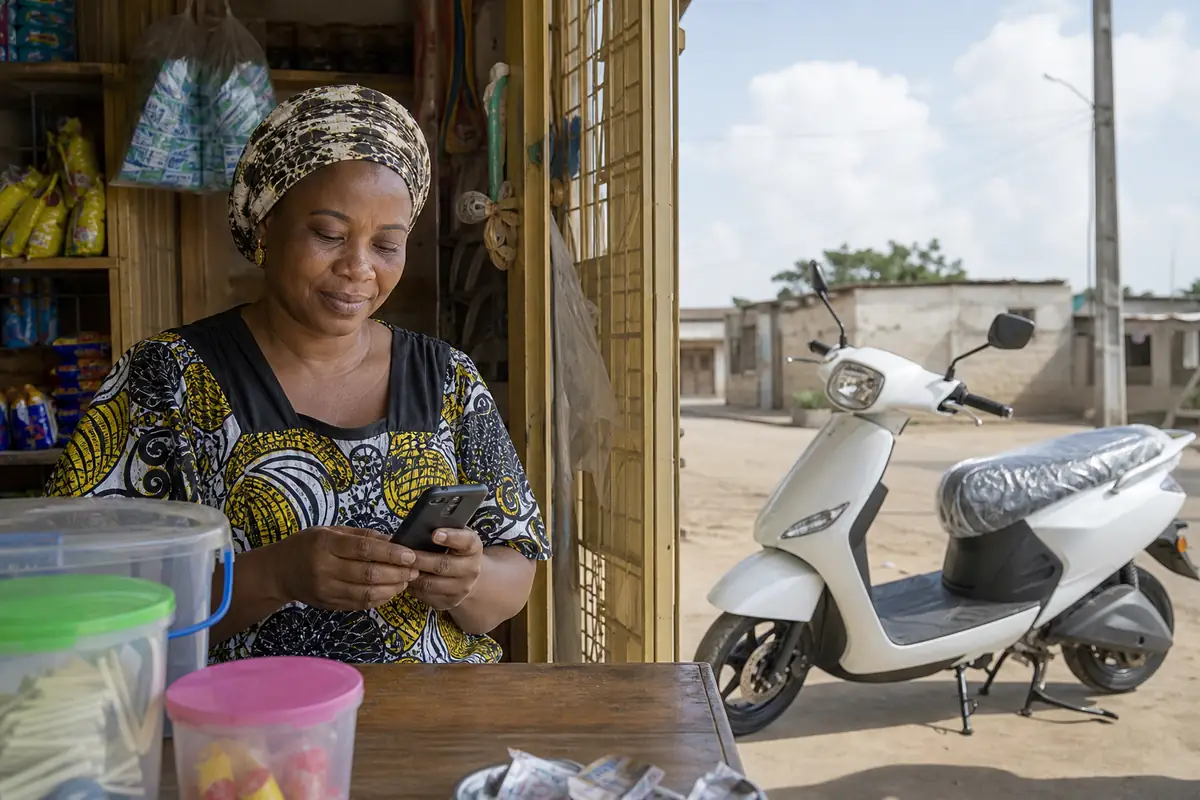 A trader making a bank transfer on her phone at her shop counter, a new scooter parked outside