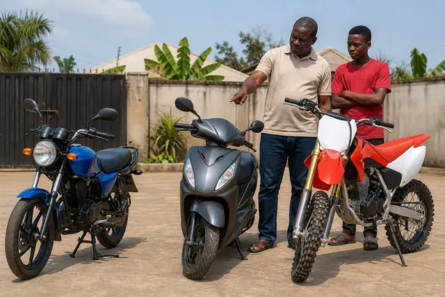 A father and his son comparing three new motorcycles